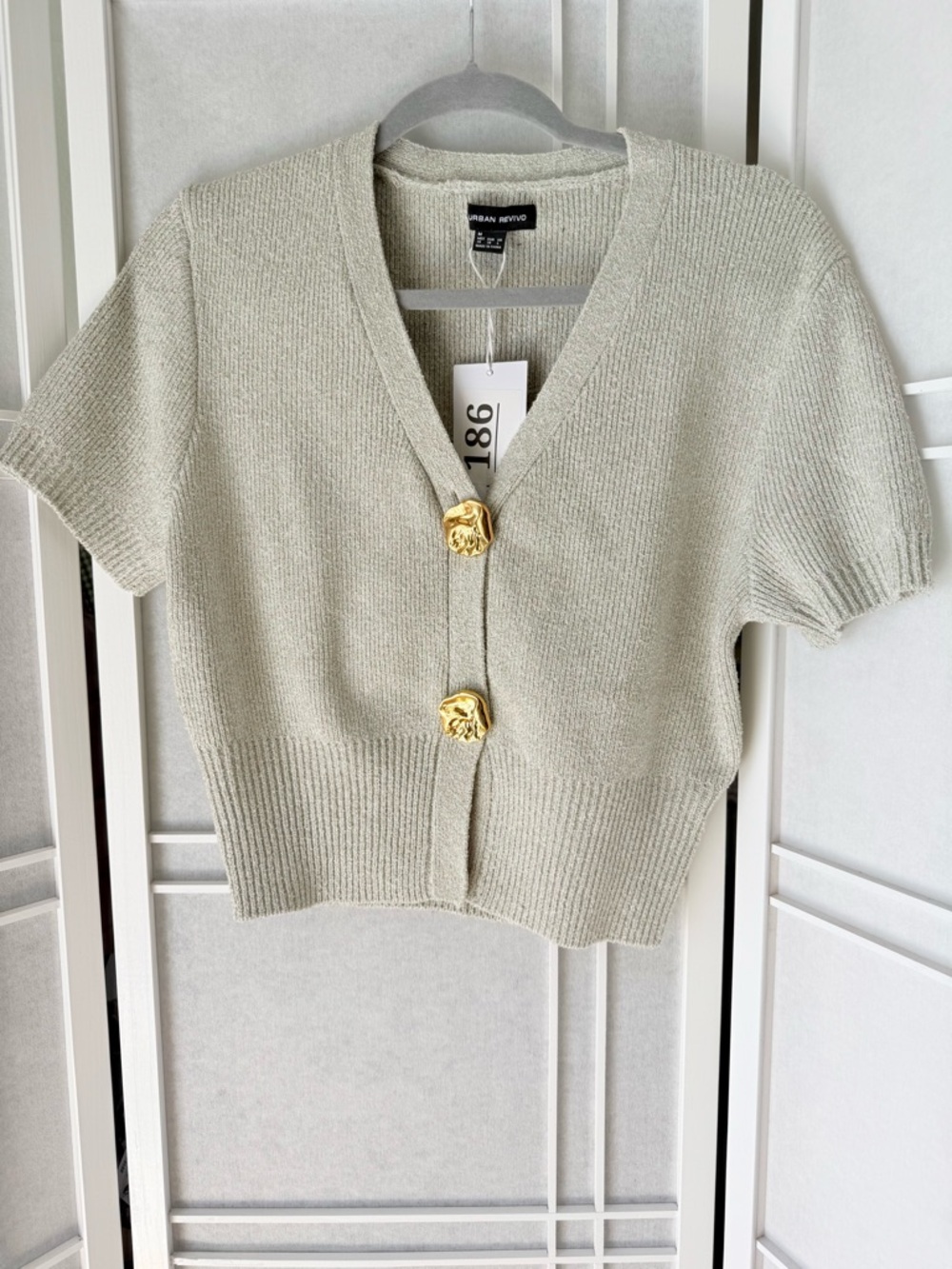 Urban Revival Cream Short-Sleeve Knit Cardigan with Gold Buttons